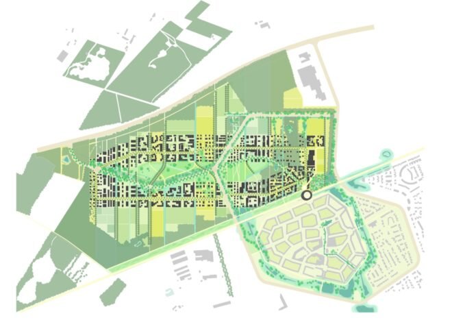 diagram of buildings and parks on a map