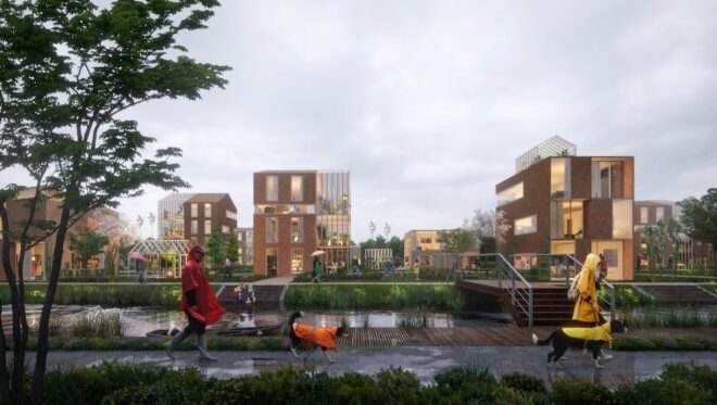 rendering of people walking near lush parks and brick buildings