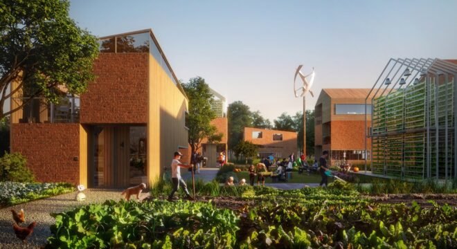 rendering of a glass vertical farm building near an outdoor farm and brick buildings