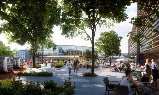 rendering of people dining at tables near a glass round building