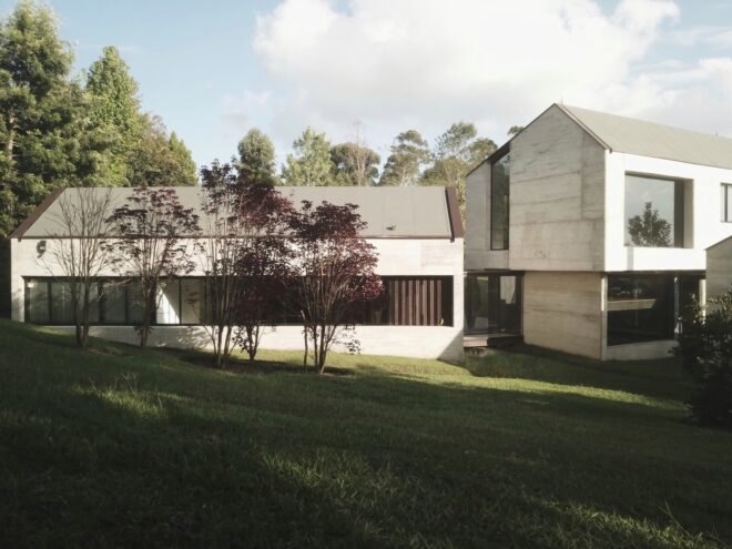 concrete buildings with gabled roofs