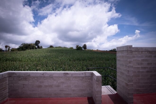 view of green field from a rooftop