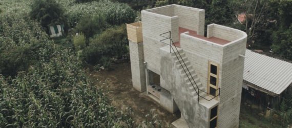 concrete and rammed earth home surrounded by plants