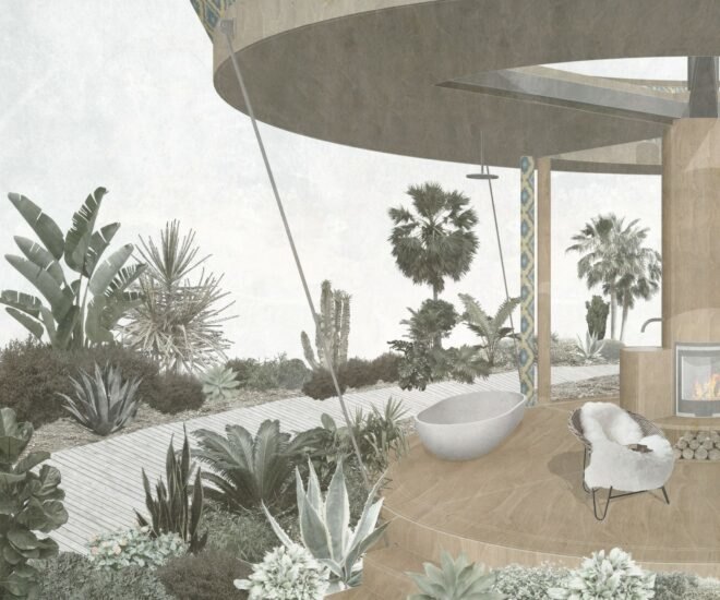 drawing of round home with freestanding tub and fireplace