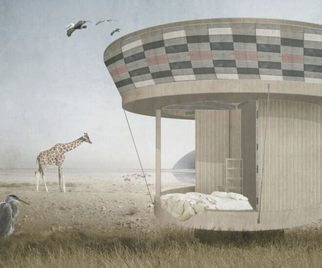 drawing of round home near a giraffe