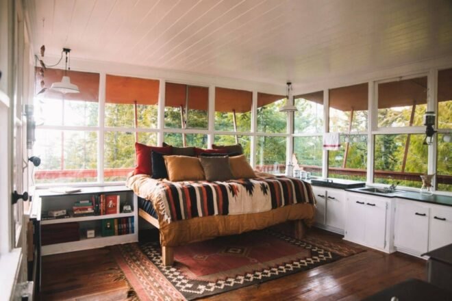 light-filled interior bedroom with multi-hued colors