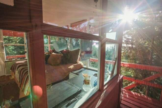 view of interior living space from wrap-around deck