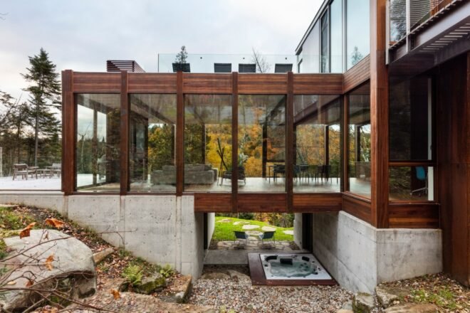 home with mahogany wood and glass panels