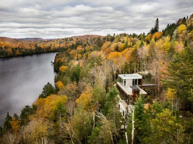 home with various levels surrounded by forest