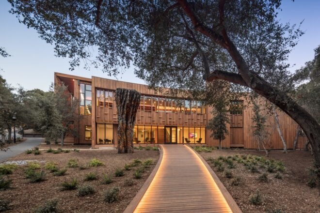 building clad in oak surrounded by greenery with an illuminated walkway