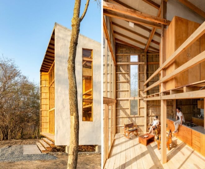 funnel-shaped wooden cabin with all glass front facade