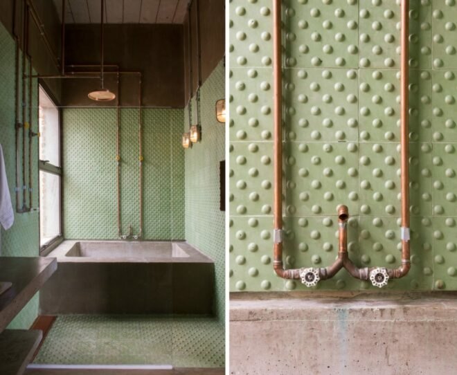 retro bathroom with exposed plumbing