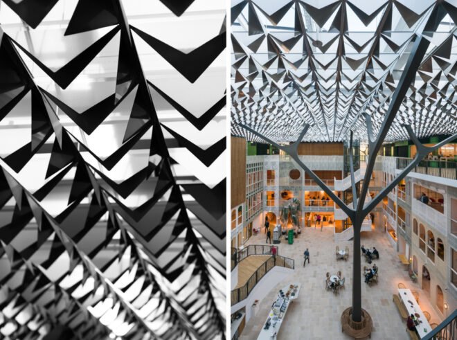 On the left, close up of aluminum roof panels. On the right, large double-height roof with tree-like structure attached to the ceiling.