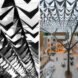On the left, close up of aluminum roof panels. On the right, large double-height roof with tree-like structure attached to the ceiling.