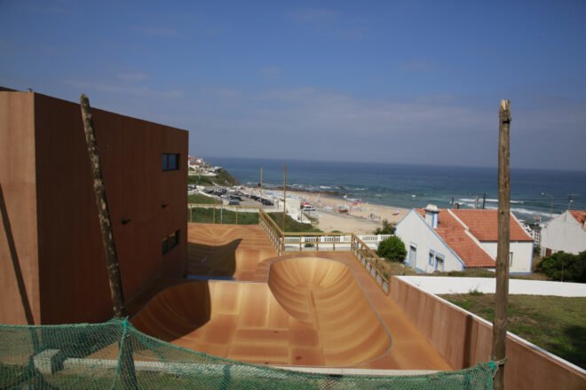 large skate park in front of beach