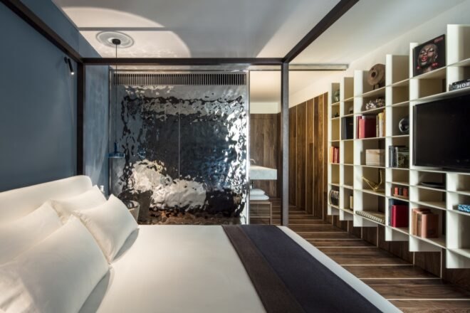 bedroom with built-in shelving