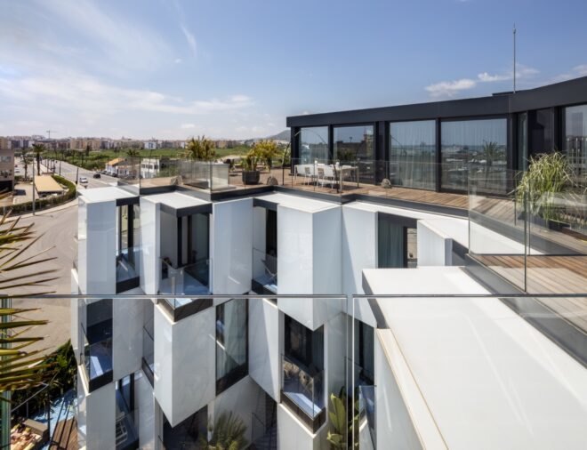 rooftop decks on a white hotel