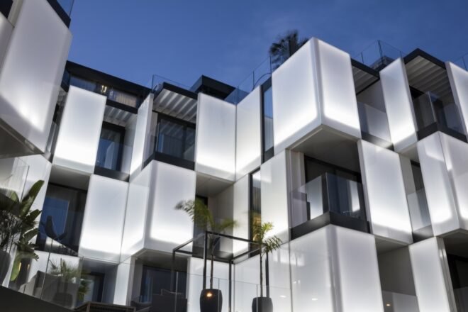 close-up and white and glass building