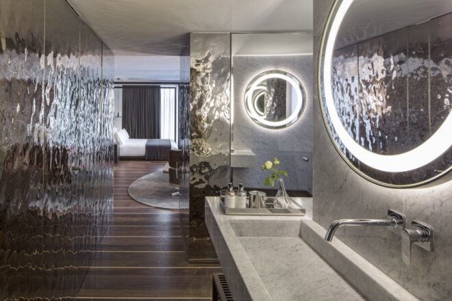 bathroom with metallic walls