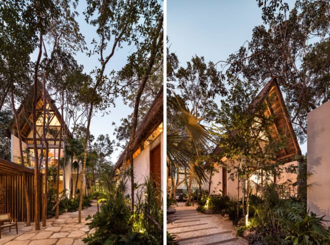 white and wood hotel with pitched roofs