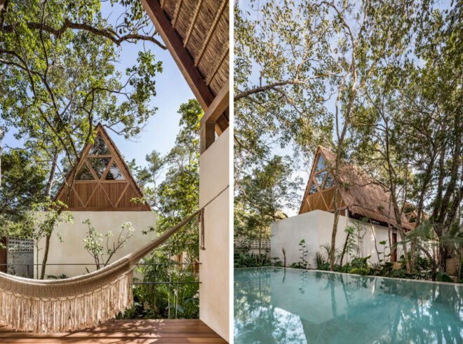 white and wood hotel with thatched roof