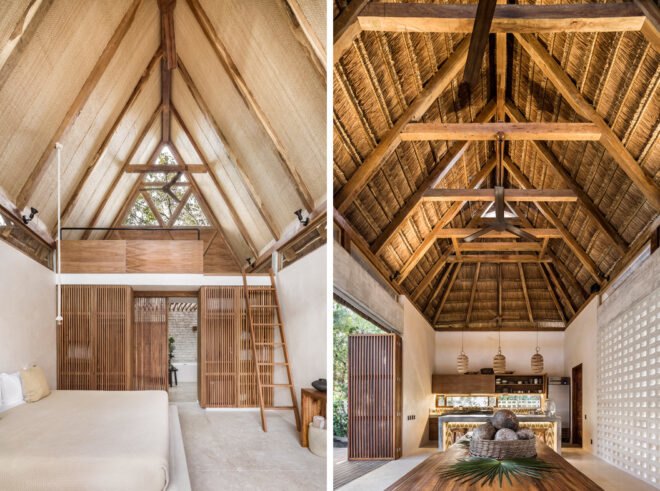 tan bedroom with tall, pitched ceilings