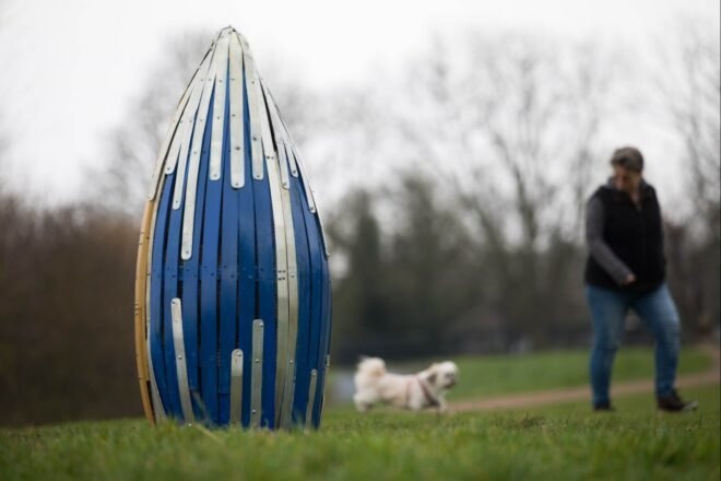 a blue and silver structure on a green lawn