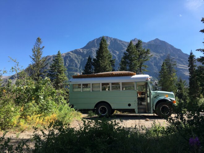 converted school bus in natural setting
