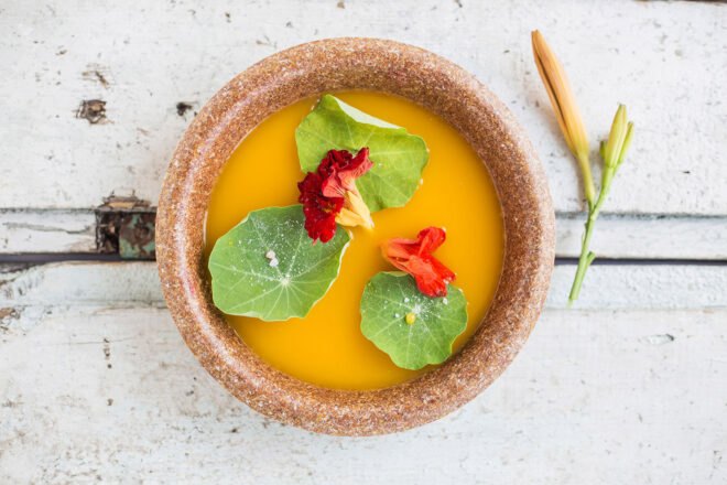 brown biodegradable tableware with soup