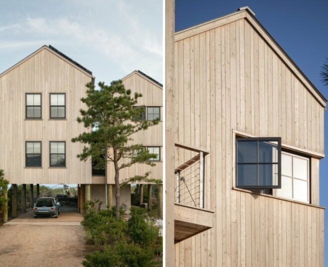 large wooden home with open windows built on stilts