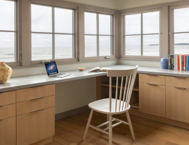 office space with chair and desk and large windows