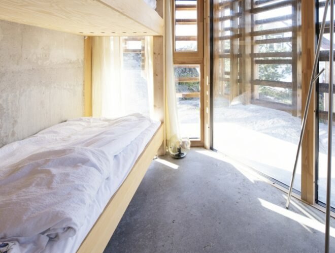 set of bunk beds on concrete flooring