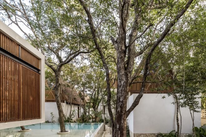 white hotel with wood accents