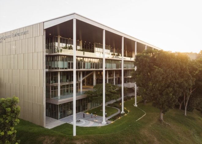 exterior view of the building during sunset with trees surrounding the building