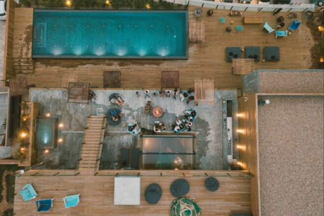 aerial shot of hotel complex with swimming pool