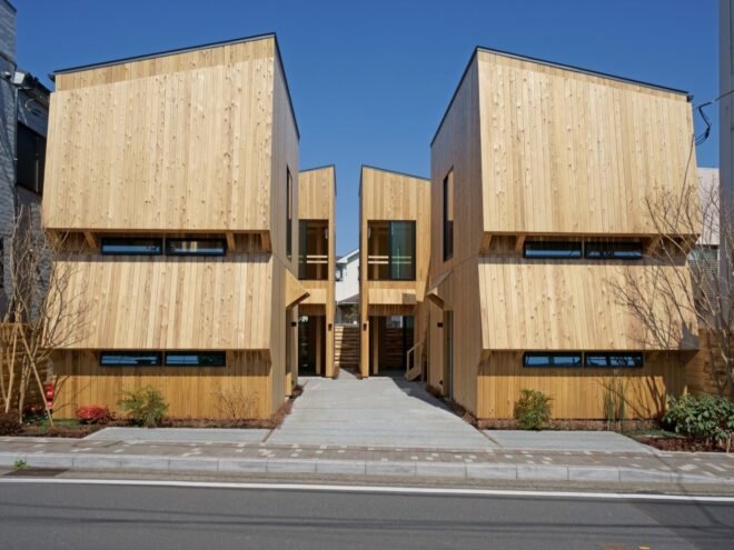 twin wooden buildings with sloped roofs