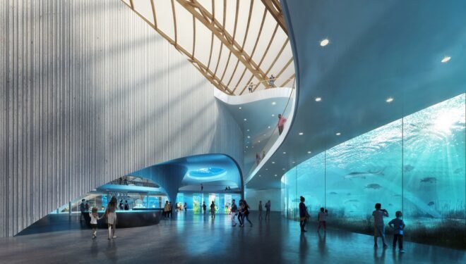 rendering of people looking at fish in aquarium