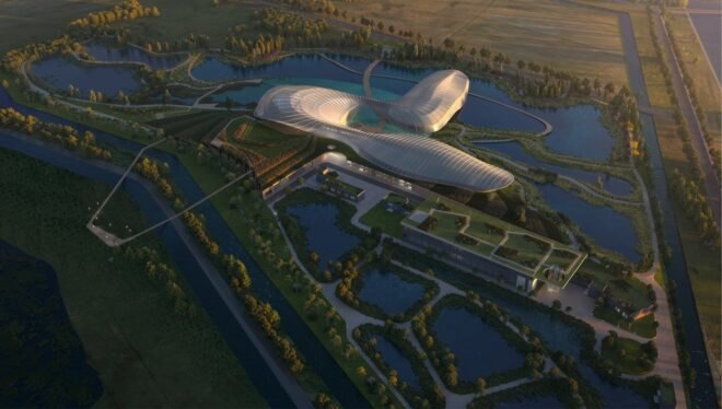 rendering of curvy white building on mouth of a river