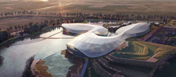 rendering of curving building over mouth of a river
