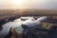 rendering of curving building over mouth of a river