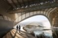 rendering of curvy wood building over a river