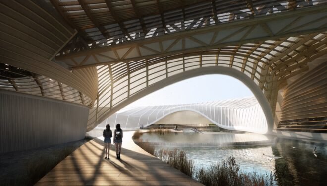 rendering of curvy wood building over a river