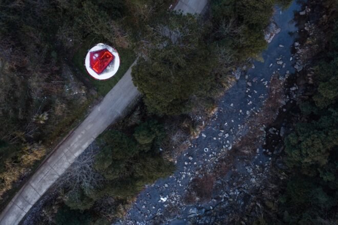 aerial view of red triangular pavilion
