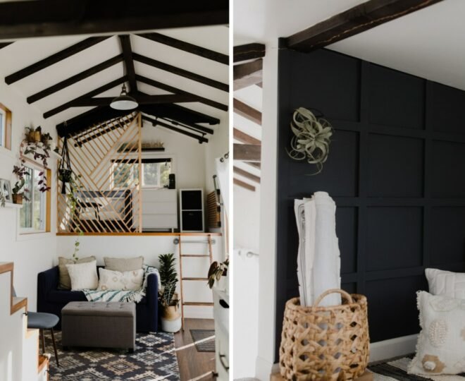 interior living space with white and dark walls and exposed ceiling beams