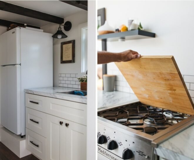 white kitchen with stovetop burners under a wooden cover