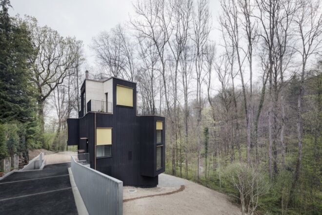 triangular charred timber home in forest