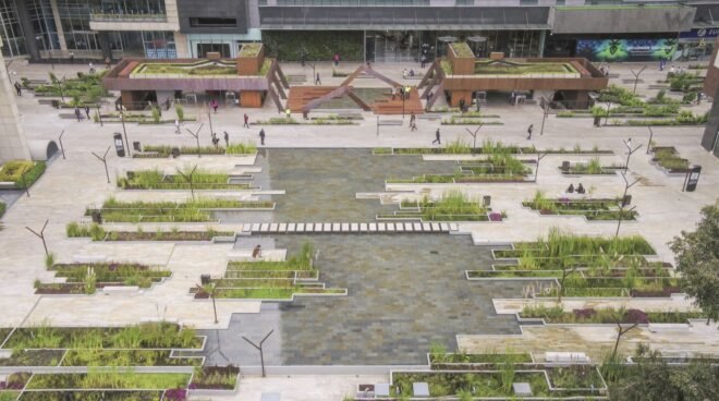 human-made wetland area surrounded by buildings