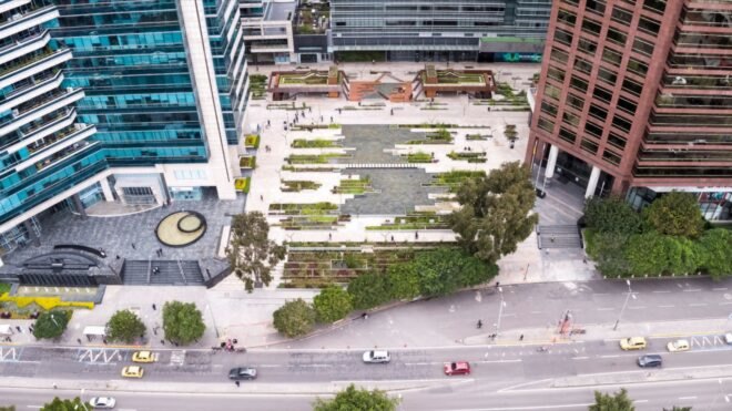 human-made wetland area surrounded by buildings