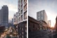 mixed-use development with brick and white facades