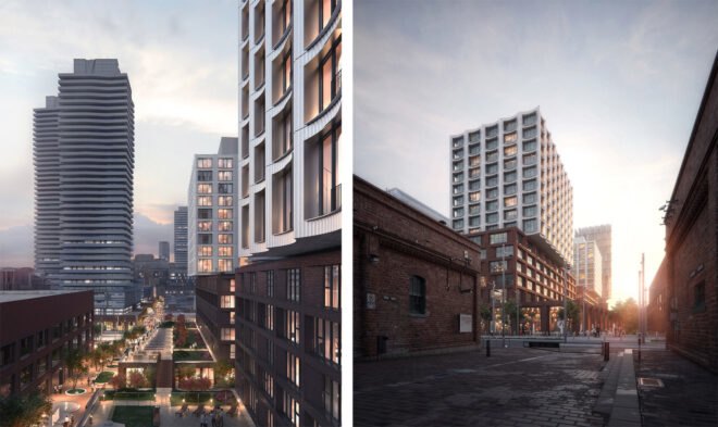 mixed-use development with brick and white facades